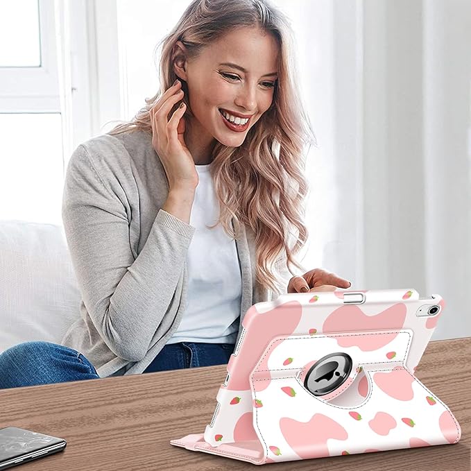 Fintie Rotating Case for iPad (A16) 11th Generation 11 Inch (2025), iPad 10th Generation 10.9 Inch (2022) - [Built-in Pencil Holder] 360 Degree Rotating Protective Stand Cover, Strawberry Cow
