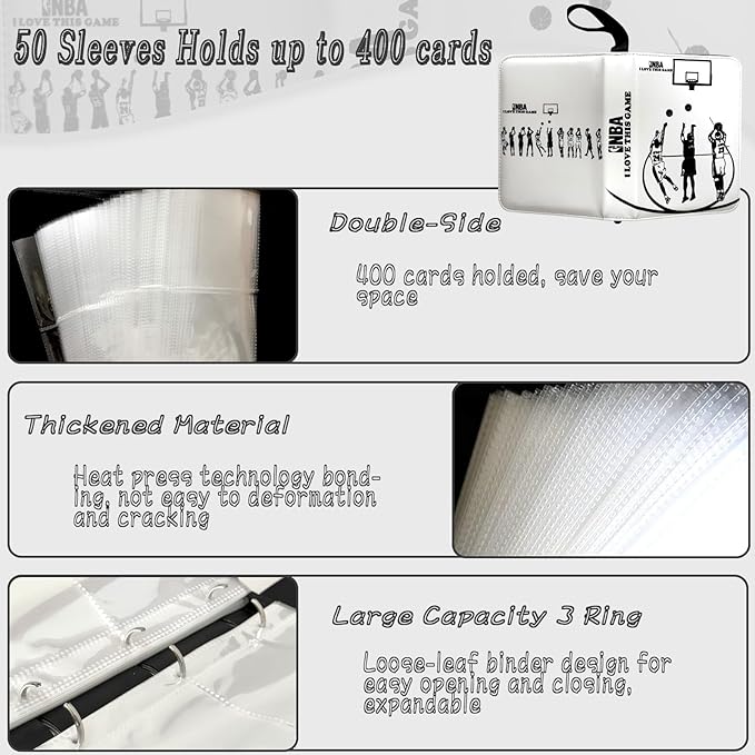 Basketball Card Binder - 400 Capacity 4-Pocket Trading Card Album, 3 Ring Card Holder Binder, Waterproof PU Leather, Zip Closure, Perfect Christmas Birthday Gift for Collectors