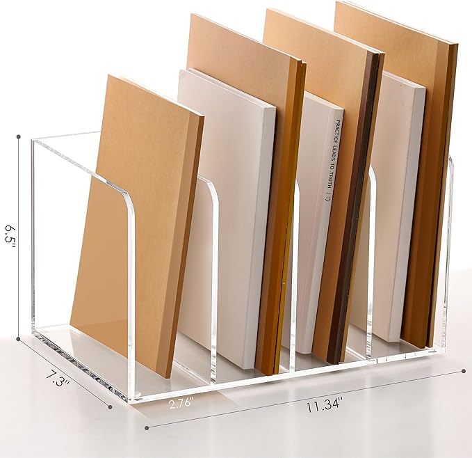 SANRUI Acrylic Magazine Holder Desk Organizer Workspace Sorters，Clear Bookend File Sorter Holder,Folder Rack, Office Accessories Organization Storage with 4 Vertical Compartments