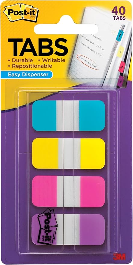 Post-it Tabs, .625 in Solid, Aqua, Yellow, Pink, Violet, 10/Color, 40/Dispenser (676-AYPV)