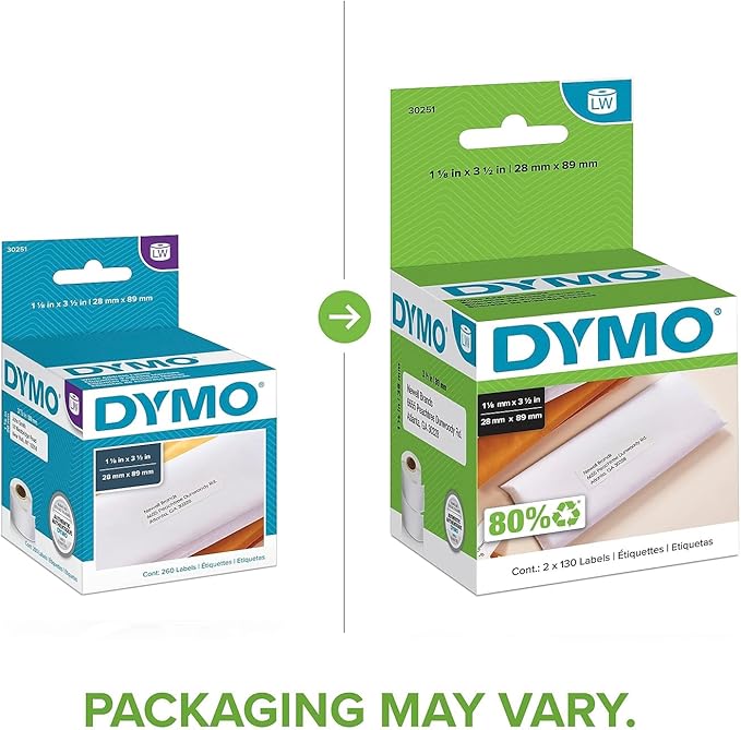 DYMO Authentic LW Mailing Address Labels | DYMO Labels for LabelWriter Label Printers (1-1/8" x 3-1/2"), 2 Rolls of 130 (260 Total)