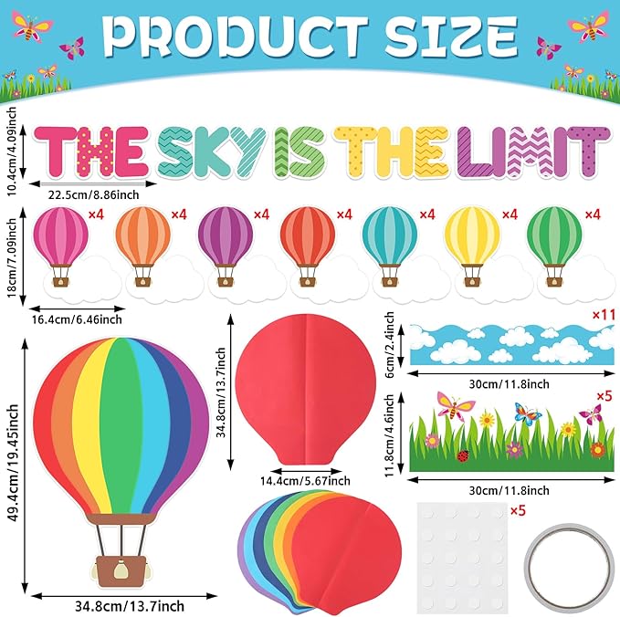 3D Hot Air Balloon Bulletin Board Set Colorful DIY Crafts Name Tags The Sky is The Limit Classroom Decorations Back to School Paper Cutouts for Motivational Nursery Supplies Teacher Wall Decor