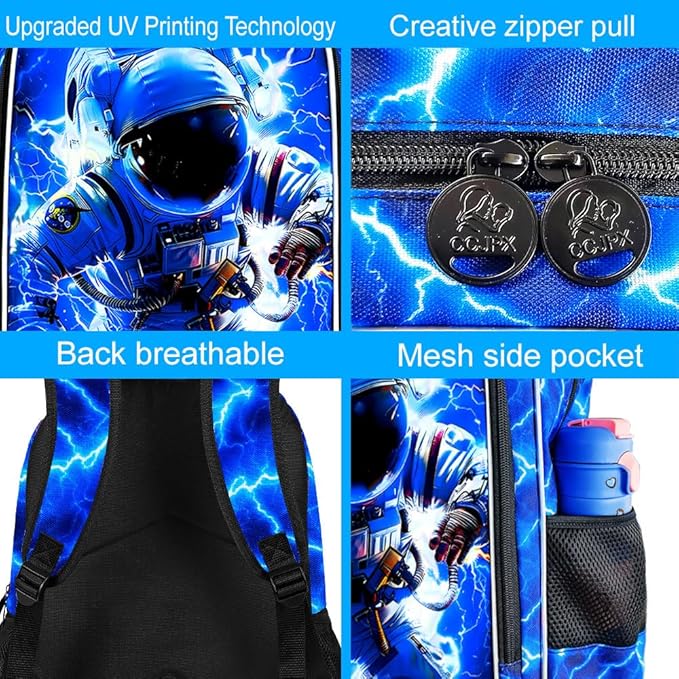 KLFVB 3PCS Lightning Bookbag for Boys, 17" Astronaut Backpack and Lunch Box, Water Resistant Teenagers School Backpacks for Middle Elementary - Lightning Space Adventure