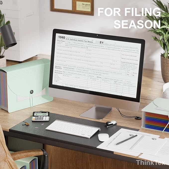 ThinkTex Accordion File Organizer, 12 - Pocket Expanding File Folders for Paper Receipts, Bills & Taxes Organizer, Letter/A4 Size Document Holder for School, Office, Home with tabs-Sage Green
