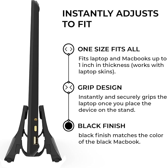 HumanCentric Vertical Laptop Stand for Desks in Matte Black, Upright Adjustable Holder to Dock Apple MacBook Stand, and Other Laptops to Organize Work & Home Office, Automatic Grip