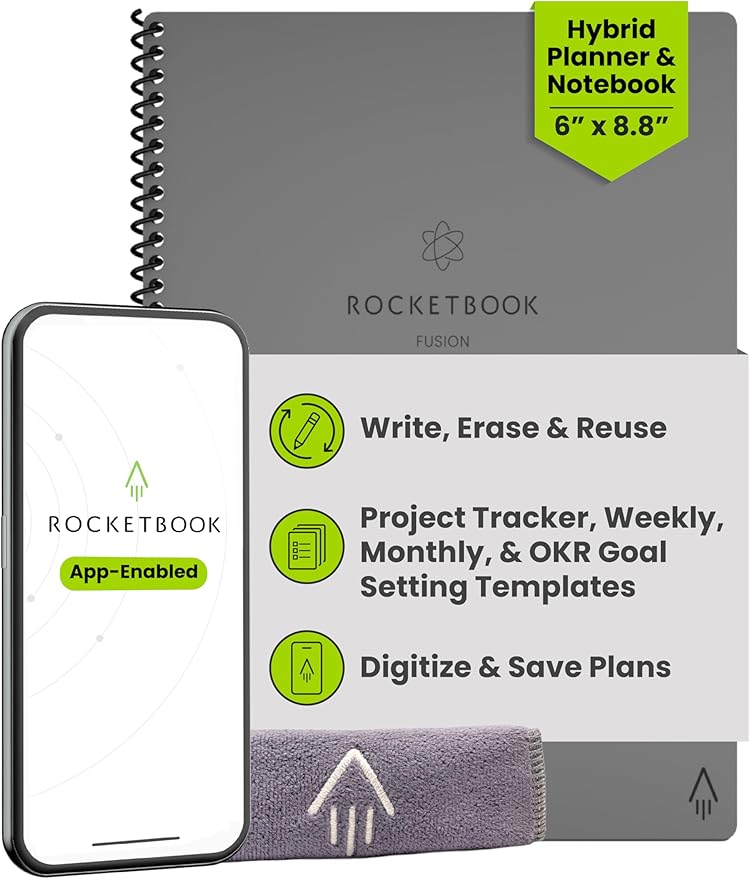 Rocketbook Fusion Hybrid Reusable Planner and Notebook in One, Additional Blank Pages, Goal and Project Tracker, Undated Planner, Executive Size 6x8.8, Grey (Pack of 1)