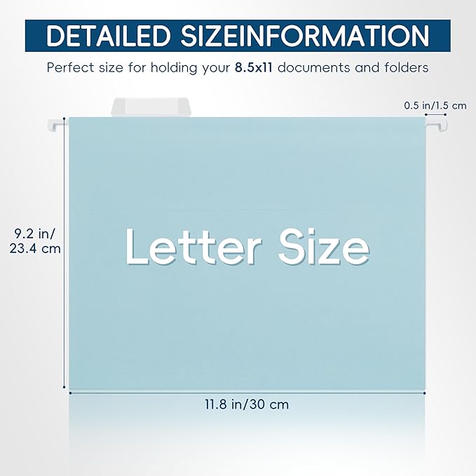Light Blue Hanging File Folders,25 Pack Letter Size File Folders with 1/5-cut Tabs,Office Essentials for Filing Cabinet & Desk Storage