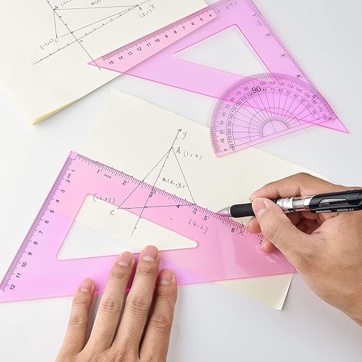 Coopay 12 Inch Math Geometry Tool Plastic Ruler Square Set Includes Straight Ruler, Triangles, Protractor for Student School Office Supplies (Pinkish-Purple)