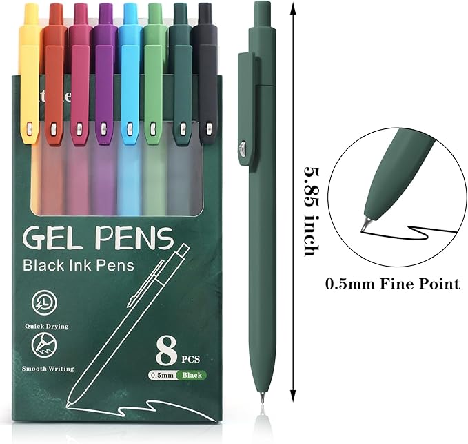 Gel Pens, 8 Pack Fine Point Black Ink Smooth Writing Ink Pen, Retractable Quick Dry Aesthetic Cute Pens for Women Nurses School Office Supplies