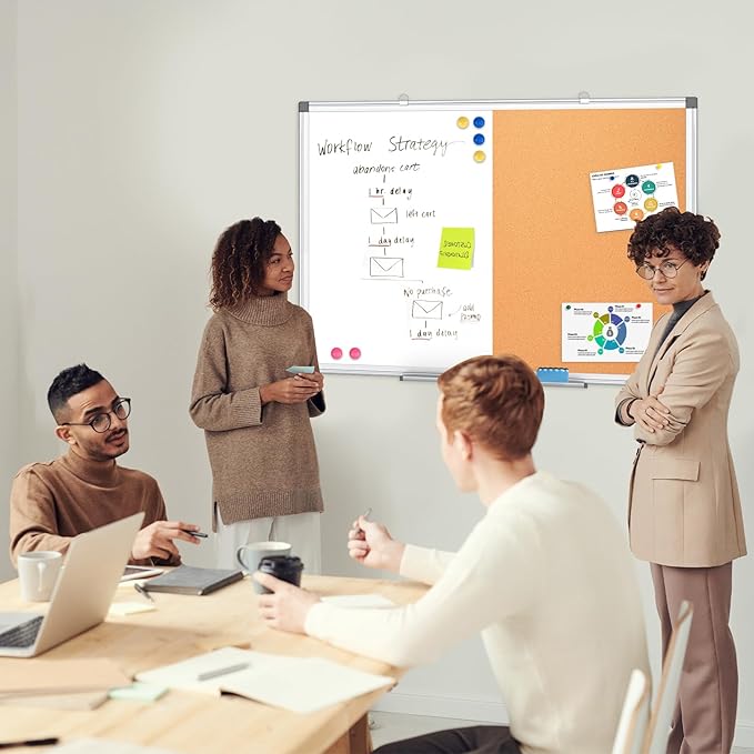 WALGLASS Combination Magnetic Whiteboard & Corkboard, 24"x18" Combo for School, Office & Home, Dry Erase Board with Removable Tray, Pins, Eraser, Markers & Magnets