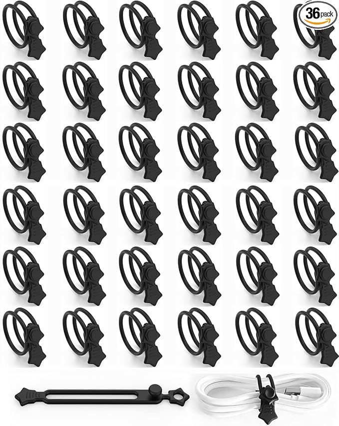 36-Pack Silicone Cable Ties, Reusable Cord Organizer Straps With 2 Binding Methos, Durable & Stretchable Wire Management for Home, Office, Travel (Black)