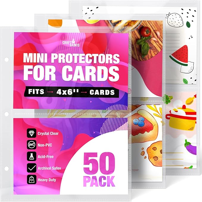 100 Pockets Mini Sheet Protectors fit 4x6'' Cards (Pack of 50) for 8.5x9.5’’ Mini Binders, Half Binders, Recipe Book Page Refill Sheets, 2 Pocket Index Card Protectors, Crystal Clear Covers
