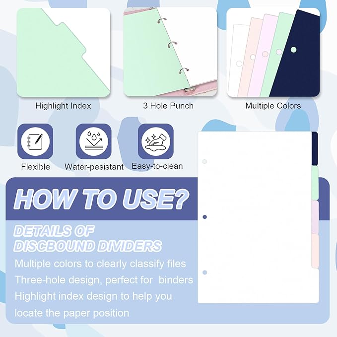 (5.5 x 8.5 inch) 15 Tab 3 Hole Punch Dividers with Tabs Disc Bound Dividers Junior Size discbound Notebook Accessories 5 Color for Office Meeting