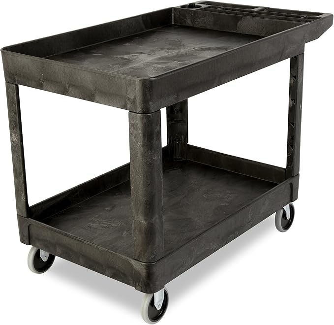 Rubbermaid Commercial Products 2-Shelf Utility/Service Cart, Medium, Black, Lipped Shelves, Ergonomic Handle, 500 lbs. Capacity, for Warehouse/Garage/Cleaning/Manufacturing