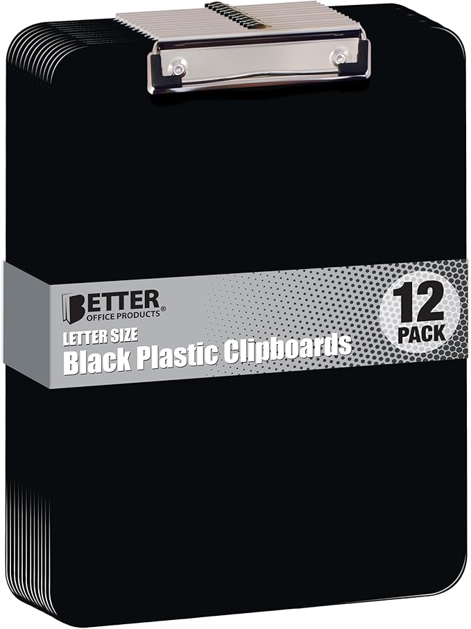 Better Office Products Black Plastic Clipboards, 12 Pack, Durable, 12.5 x 9 Inch, Low Profile Clip, Black, Set of 12