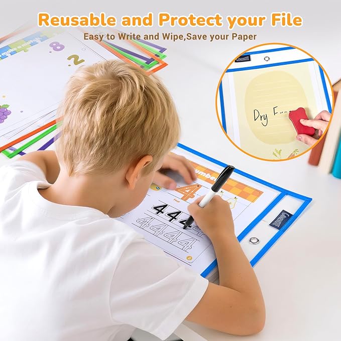 Gamenote 10 Pack Dry Erase Pockets with 5 Rings, 10 Assorted Colors 10x14 Oversized Reusable Plastic Sleeves, Clear Sheet Protectors, Teacher Supplies for Classroom Organization