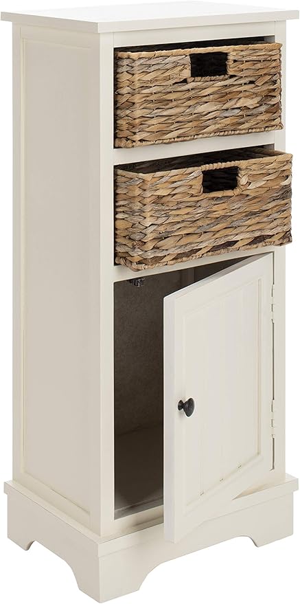 SAFAVIEH Home Collection – Connery Distressed Vintage White Storage Cabinet with Rattan Baskets & Bottom Door, Farmhouse Accent Storage, Fully Assembled (AMH5742B)