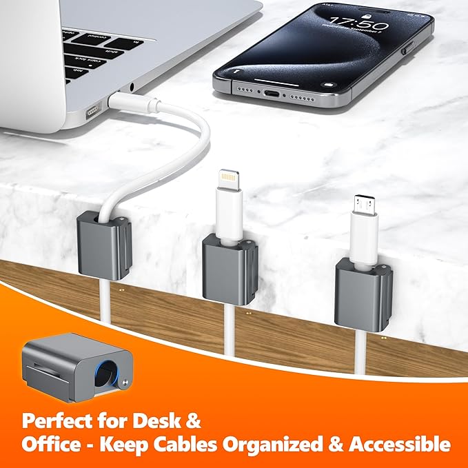 AGVEE 8 Pack Magnetic Cord Organizer Clips, 10mm Ultra-Thin Aluminum Cable Management Holder, 2 Pairs of Strong Magnets Keeper for Home Desk Office Gadgets Accessories, Residue-Free Tape, Dark Gray