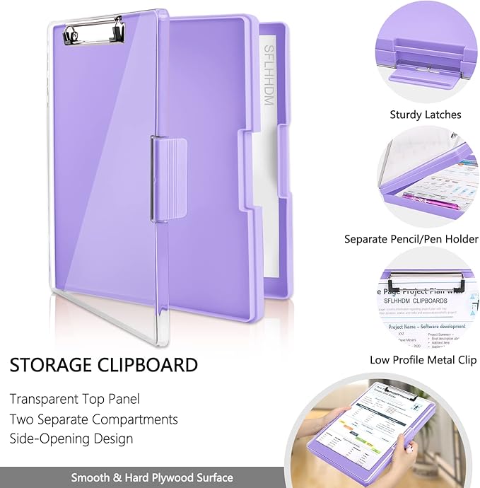 SFLHHDM Clipboard with Storage,Heavy Duty Clip Boards 8.5x11 with 2 Storage Case,Clear Visible Panel Storage Clipboards,Side Opening Nursing Clipboard Folder for Office Supplies-Light Purple