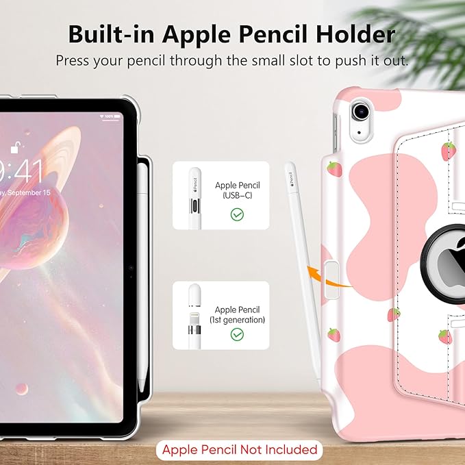 Fintie Rotating Case for iPad (A16) 11th Generation 11 Inch (2025), iPad 10th Generation 10.9 Inch (2022) - [Built-in Pencil Holder] 360 Degree Rotating Protective Stand Cover, Strawberry Cow