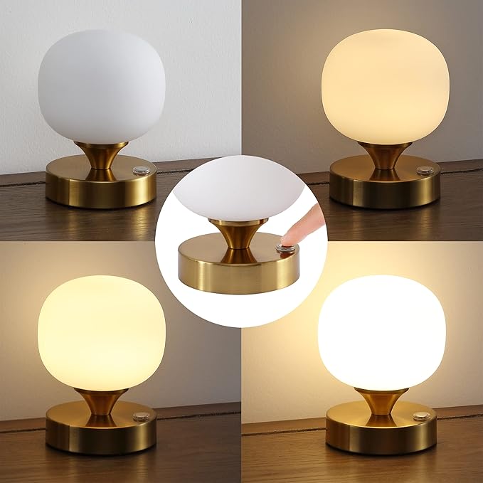JONATHAN Y 6.13" Brass Gold/White Modern Cordless Rechargeable LED Table Lamp, Frosted White Glass Shade, Touch Dimmable Mini Accent Light for Bar, Bedroom, Nightstand (JYL7112C)