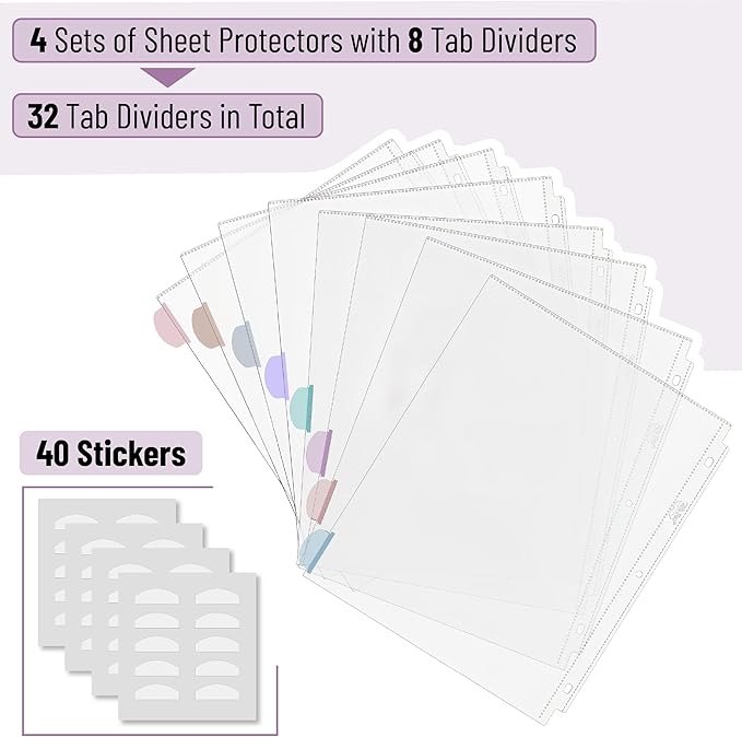Mr. Pen- Clear Sheet Protectors with Binder, 8 Tabs, 4 Sets, Morandi Color, Clear Plastic Dividers for 3 Ring Binder, Insertable Index Page Divider Multicolor Tabs