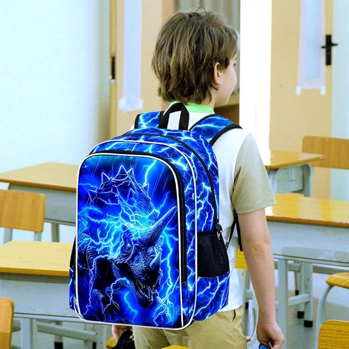 KLFVB 3PCS Boys Lightning Bookbag Set, 17" Dinosaur Backpack and Lunch Box, Water Resistant Teenagers School Backpacks for Middle Elementary - Lightning Triceratops