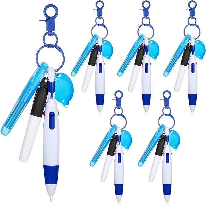Chinco 30 Pcs Retractable Shuttle Pen Clip with Mini Highlighter Nurse Badge Pen Neon Marker LED Keychain Ring Clip