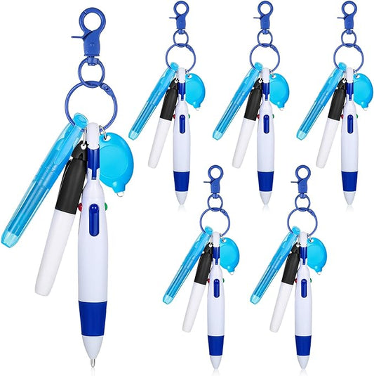 Chinco 30 Pcs Retractable Shuttle Pen Clip with Mini Highlighter Nurse Badge Pen Neon Marker LED Keychain Ring Clip