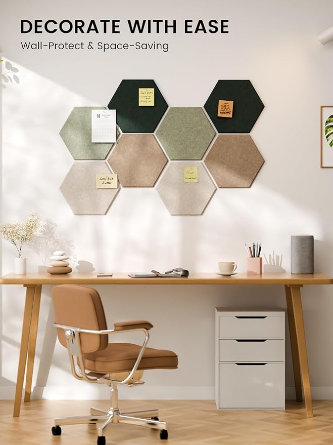 Fluxynara Hexagon Cork Board Alternative for Walls Decor-8-Pack Felt Bulletin Board Tiles,with 30 Pushpins,50 Adhesive Tabs for Office,Classrooms & Home Pin Board Felt Board-Nordic Moss