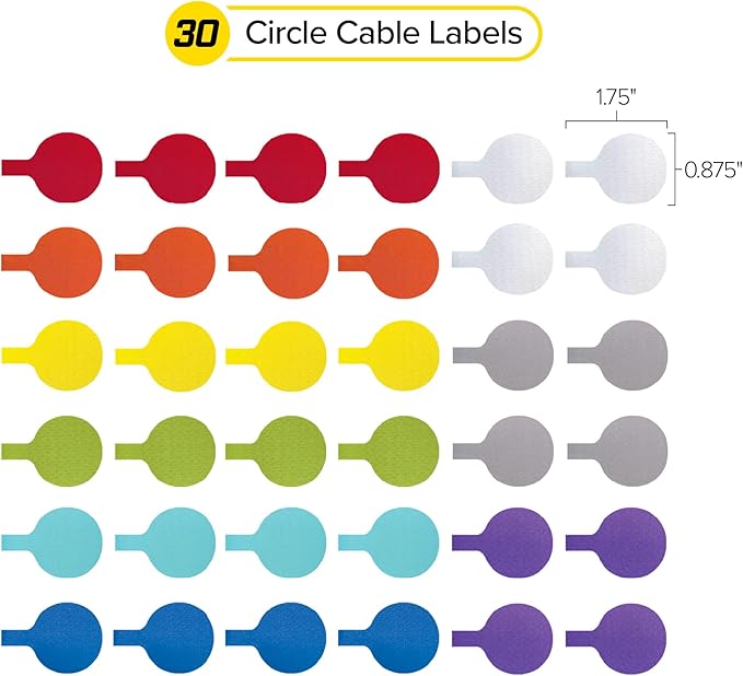 Cable Labels - Wrap-It Storage - Circles, Multi-Color (36-Pack) - Color Coded Labels for Organizing, Wire Tags Write on Surface for Labels for Charging Cords and Electronics