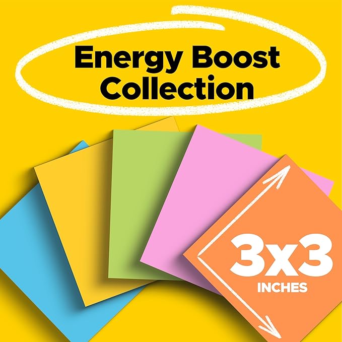 Post-it Super Sticky Notes, Energy Boost Collection, 1260 Total, 3 in x 3 in (76 mm x 76 mm), 14 Pads/Pack, 90 Sheets/Pad, 2X Sticking Power, Recyclable, Assorted Bright Colors