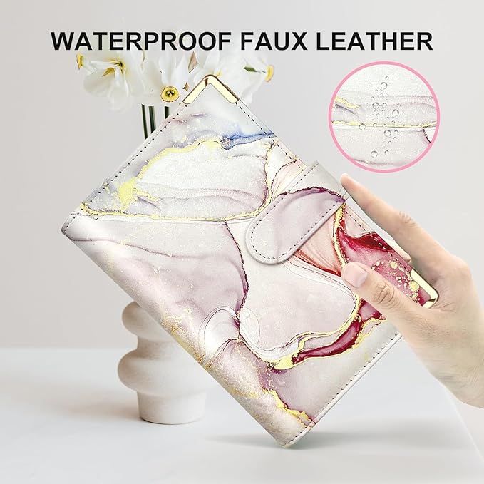 A6 Refillable 6 Ring Faux Leather Budget Binder,Mini Notebook Binder Cover for A6 Filler Paper,Loose Leaf Personal Planner Cover with Magnetic Buckle Closure (Marble Pink)