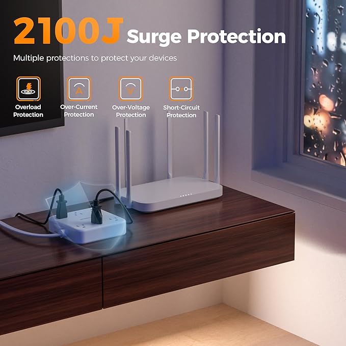 TESSAN Surge Protector Power Strip 2100J, 5 Ft Flat Plug Extension Cord with Multiple Outlets, 4 USB (2 USB C) 6 Outlets, 1875W 15A, 20W Multiple Desk Charging Station for Home, Office, Dorm Room