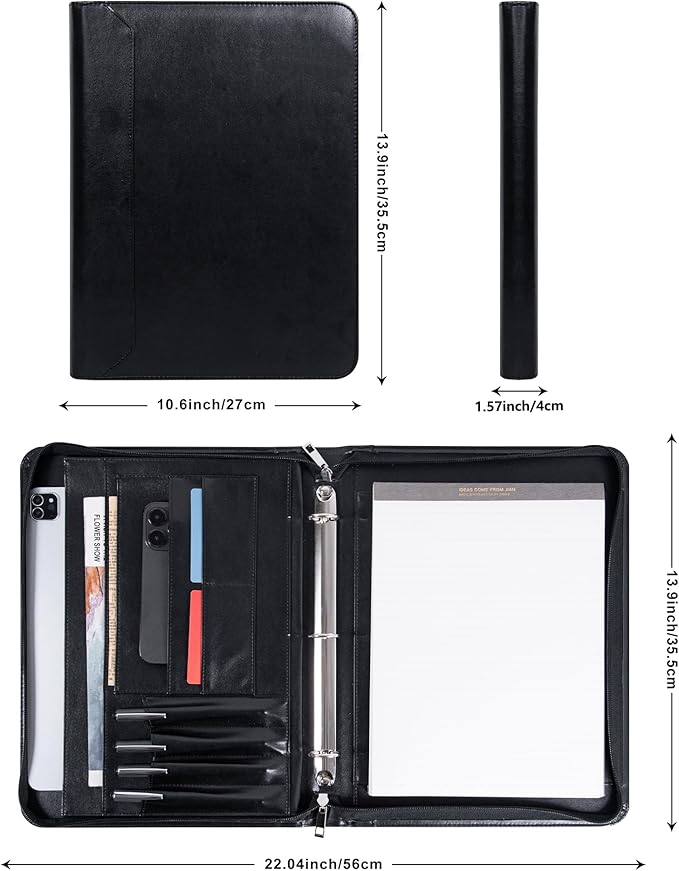 Black Vegan Leather Binder Portfolio for Women and Men,3 Ring Portfolio Binder with Zipper, A4 Planner Padfolio with Laptop Pocket,Legal Size Folio,Work padfolio Organizer for Women