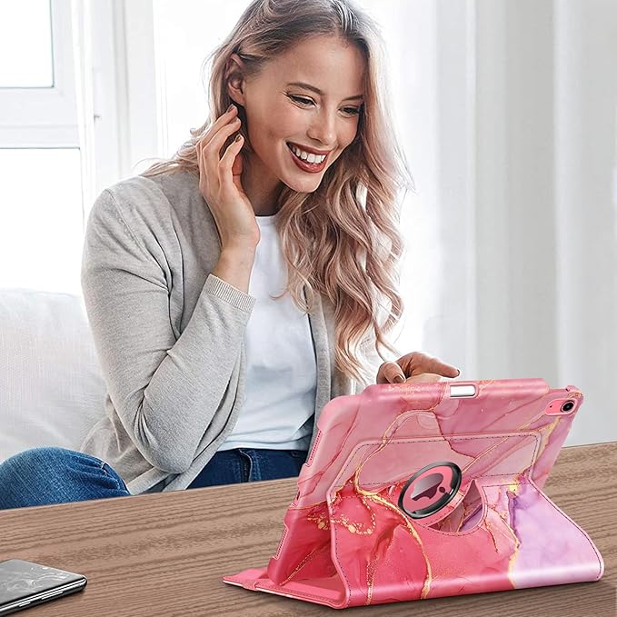 Fintie Rotating Case for iPad (A16) 11th Generation 11 Inch (2025), iPad 10th Generation 10.9 Inch (2022) - [Built-in Pencil Holder] 360 Degree Rotating Protective Stand Cover, Marble Pink