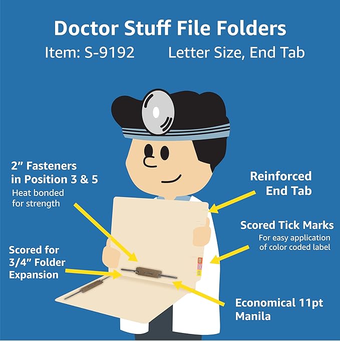 Doctor Stuff Medical Chart File Folders - Letter Size, Manila, Reinforced End Tab Folders with 2” Bonded Fastener on Top Left and Back Right Positions 3 & 5, 14 pt Manila Stock, Box of 50