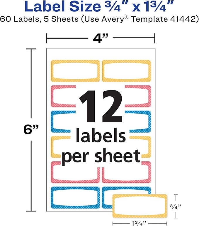 Avery Durable Labels for Kids' Gear, 3/4" x 1-3/4", Assorted Border Colors, Water-Resistant Labels, 60 Total (41442)