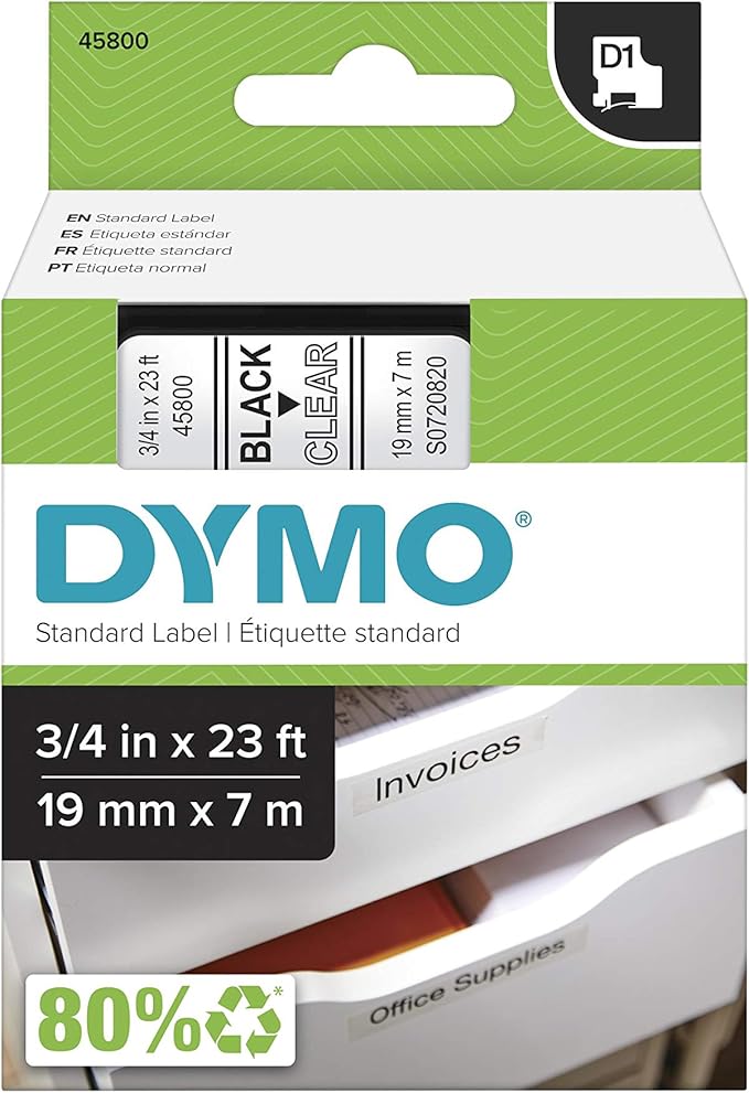 DYMO Standard D1 45800 Labeling Tape (Black Print on Clear Tape, 3/4'' W x 23' L, 1 Cartridge), DYMO Authentic