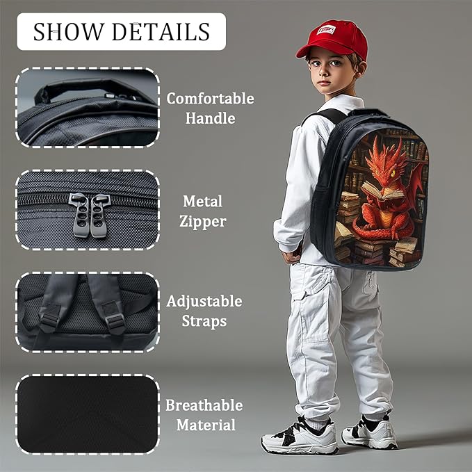 Dragon Backpack Set 3 Piece School Bags and Lunch Box with Pencil Case Funny Dragon Reading Bookbag Set for Toddler Kids Girls Boys Teens Kindergarten Elementary Middle