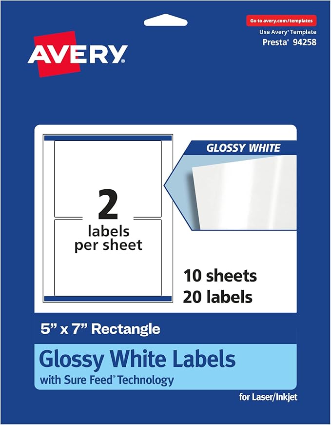 Avery Glossy White Rectangle Labels, Sure Feed Technology, 5" x 7", 20 Glossy White Labels, Permanent Adhesive, Laser/Inkjet Printable