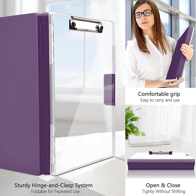 SFLHHDM Clipboard with Storage,Heavy Duty Clip Boards 8.5x11 with 2 Storage Case,Clear Visible Panel Storage Clipboards,Side Opening Nursing Clipboard Folder for Office Supplies-Dark Purple