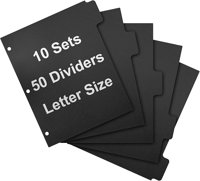 3 Ring Binder Dividers with 5-Tabs for Letter Size, 1/5 Cut, 3-Hole Punched, Write & Erase Plastic Binder Dividers Extra Durable Section Index Dividers for Binders, Pack of 10 Sets, 50 Dividers Total
