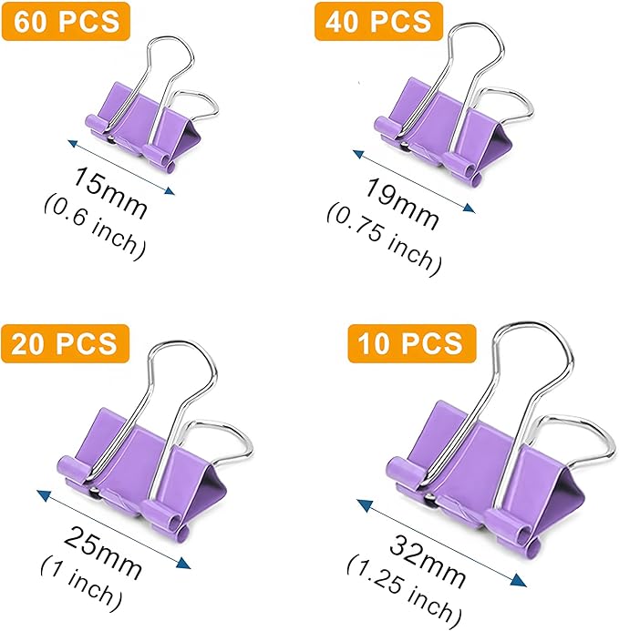 130 Pack Macaron Purple Binder Clips Assorted Sizes, Large Medium Small Mini 4 Sizes Mix, Paper Clamps Metal Paper Clips Set for Office School Home Business Supplies
