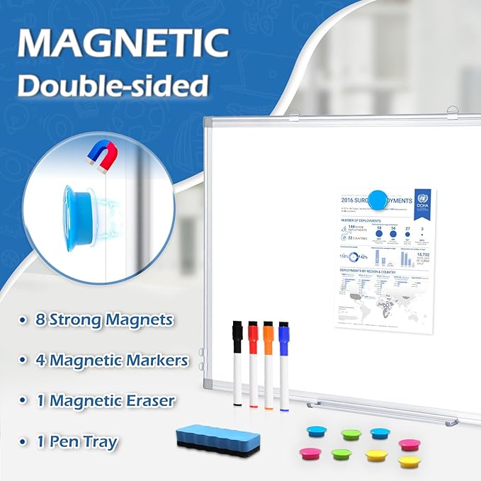 DOLLAR BOSS Dry Erase Board, 36 x 24 Inch Double-Sided Magnetic Whiteboard for Wall Silver Aluminum Frame for Office School Home with 8 Magnets 4 Markers 1 Eraser 1 Detachable Pen Tray