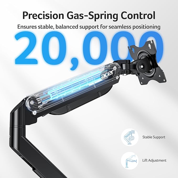 Acer Dual Monitor Arm, Computer Desk Arm with VESA Mounts for 17–32″ Screens, Fully Adjustable Gas Spring Monitor Stand, C-Clamp and Grommet Mounting Base, Fits 4.4 to 19.8lbs Computer Monitors