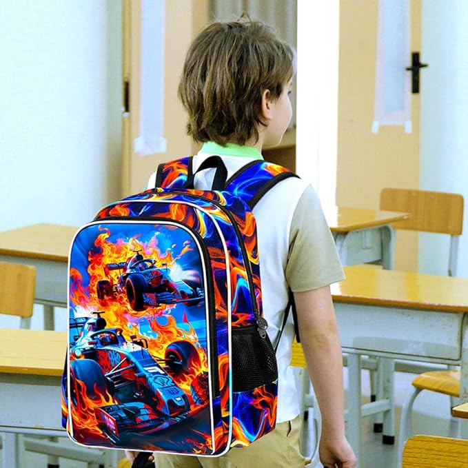KLFVB 3PCS Boys Backpack, 17" Race Car Bookbag and Lunch Box, Water Resistant Teenagers School Backpacks for Middle Elementary - Flame Race Car