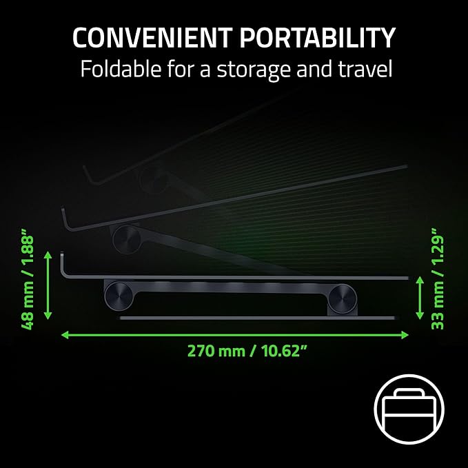 Razer Adjustable Laptop Stand: Supports Phones, Tablets, Laptops, Macbooks up to 18" - Adjust Height and Tilt - Durable Aluminum Construction - Vented Design - Foldable for Storage & Travel - Black
