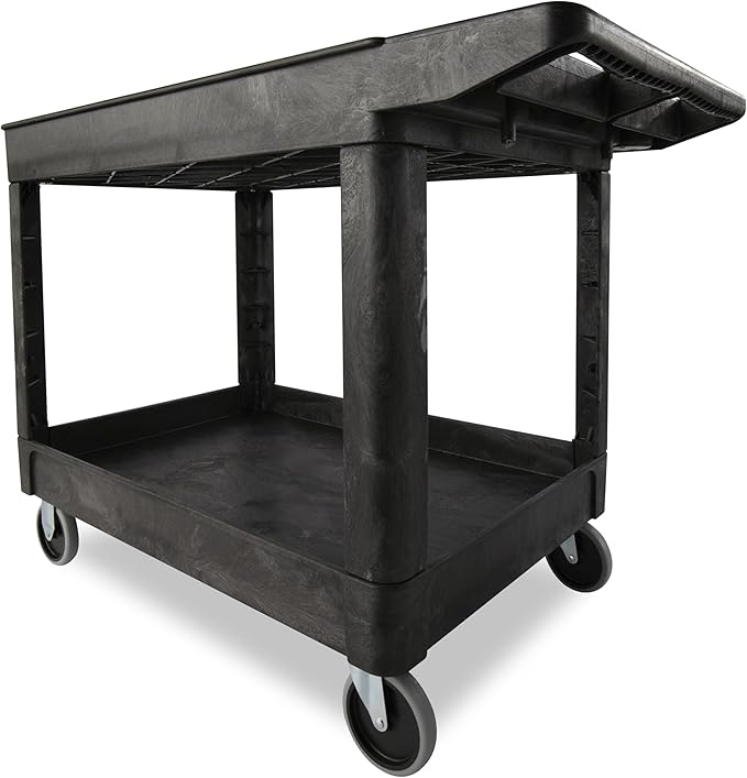 Rubbermaid Commercial Products 2-Shelf Utility/Service Cart, Medium, Black, Lipped Shelves, Ergonomic Handle, 500 lbs. Capacity, for Warehouse/Garage/Cleaning/Manufacturing