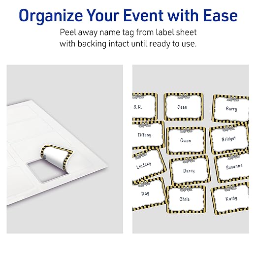 Avery Printable Adhesive Name Badges, 2-1/3" x 3-3/8", Pre-Printed Metallic Gold & Black Stripes w/Bow Design, Matte White, Laser & Inkjet Compatible, 80 Total
